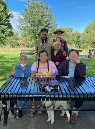 Quinton with Adam, Paula, and Mary Lee Jones, flanked by her mother Marlene and daughter Ellie, from the Yakama Nation, who helped us design the Miyawaki forest at Danehy Park in Cambridge.