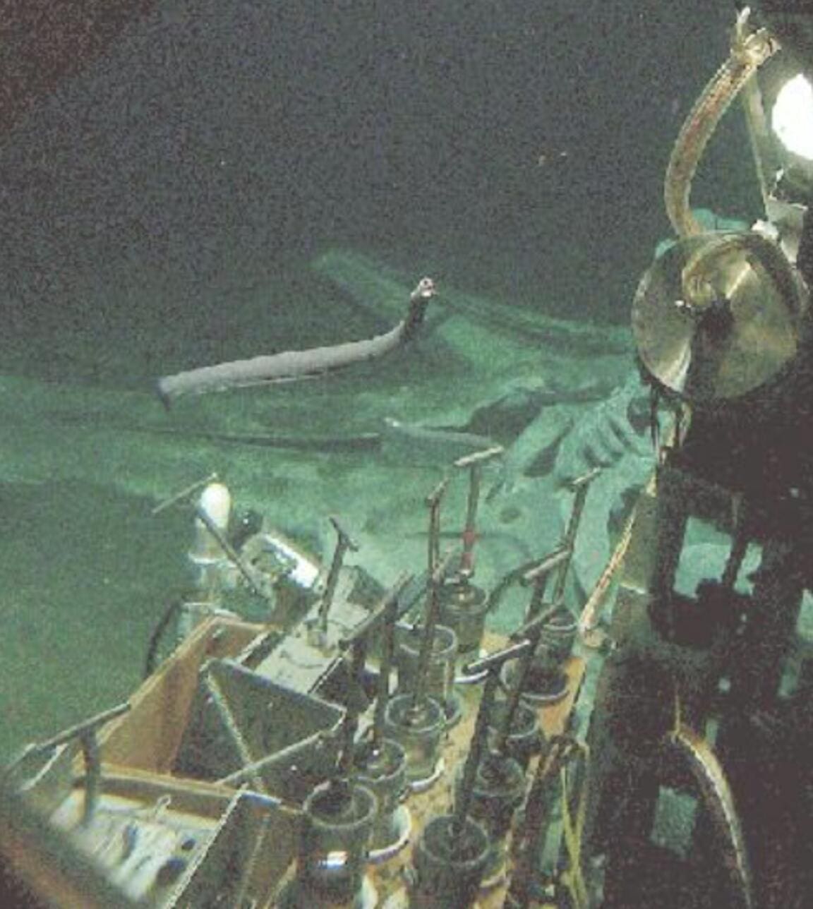 Researchers using a submersible arm to collect samples from a whale fall skeleton on the seafloor